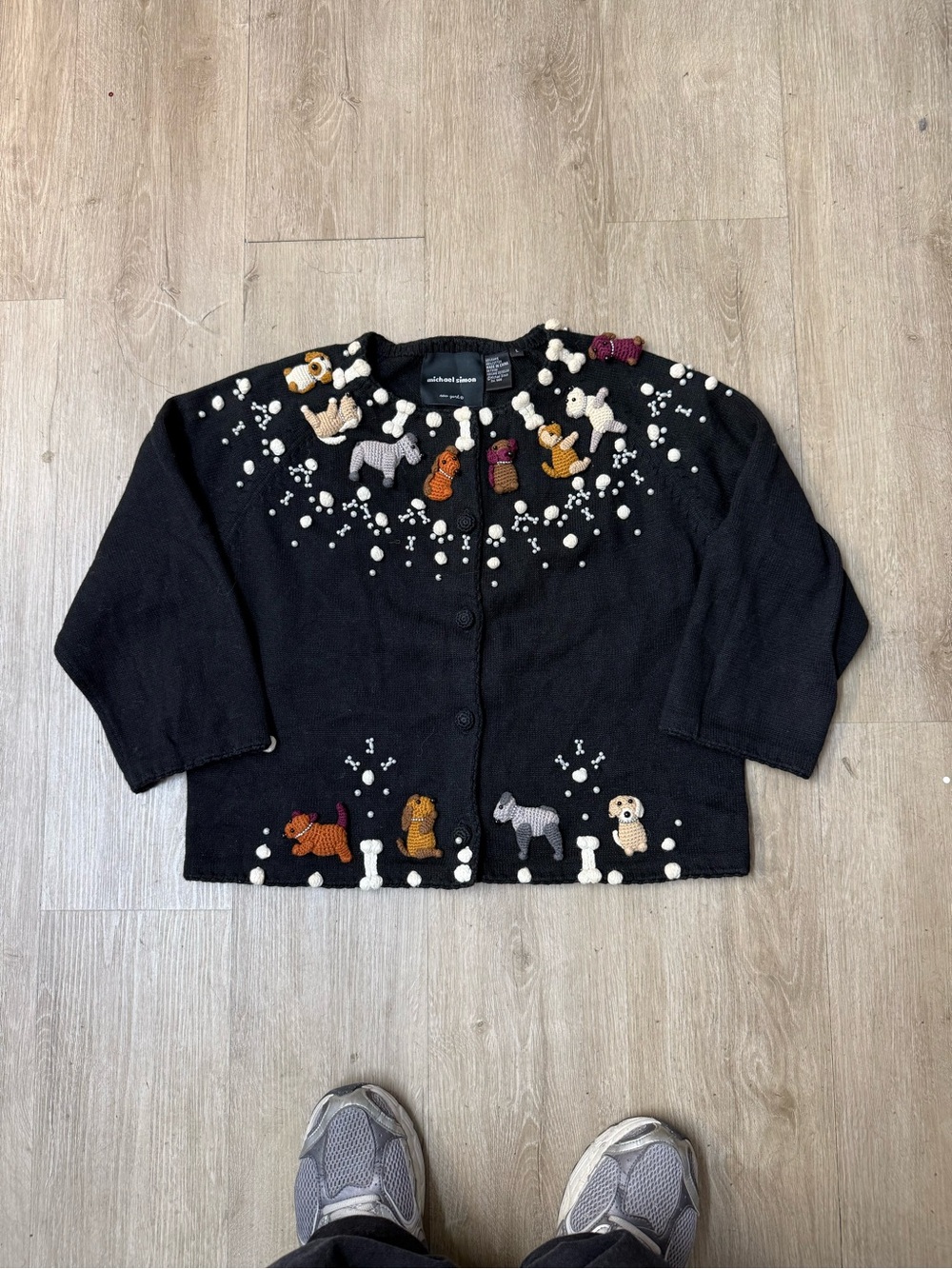 Vtg Michael Simon New York Black Dog Bone Cardigan Sweater SZ L